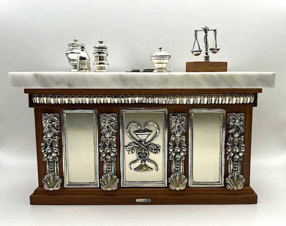 Miniatura banco da farmacista in argento, marmo e legno - Gioielleria De Vitis Sabaudia